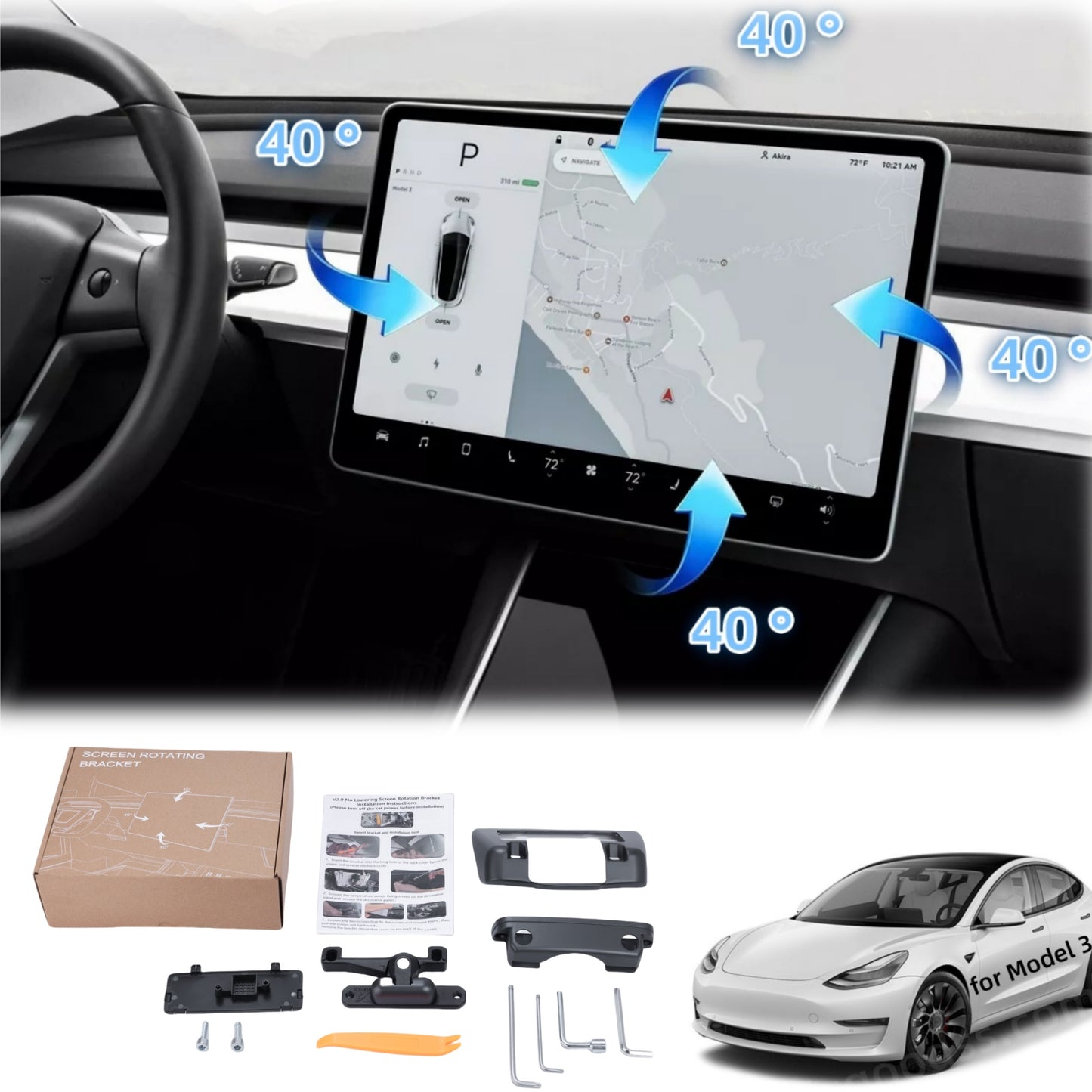 40° Adjustable Rotating Screen Mount for 2021-2023 Model 3
