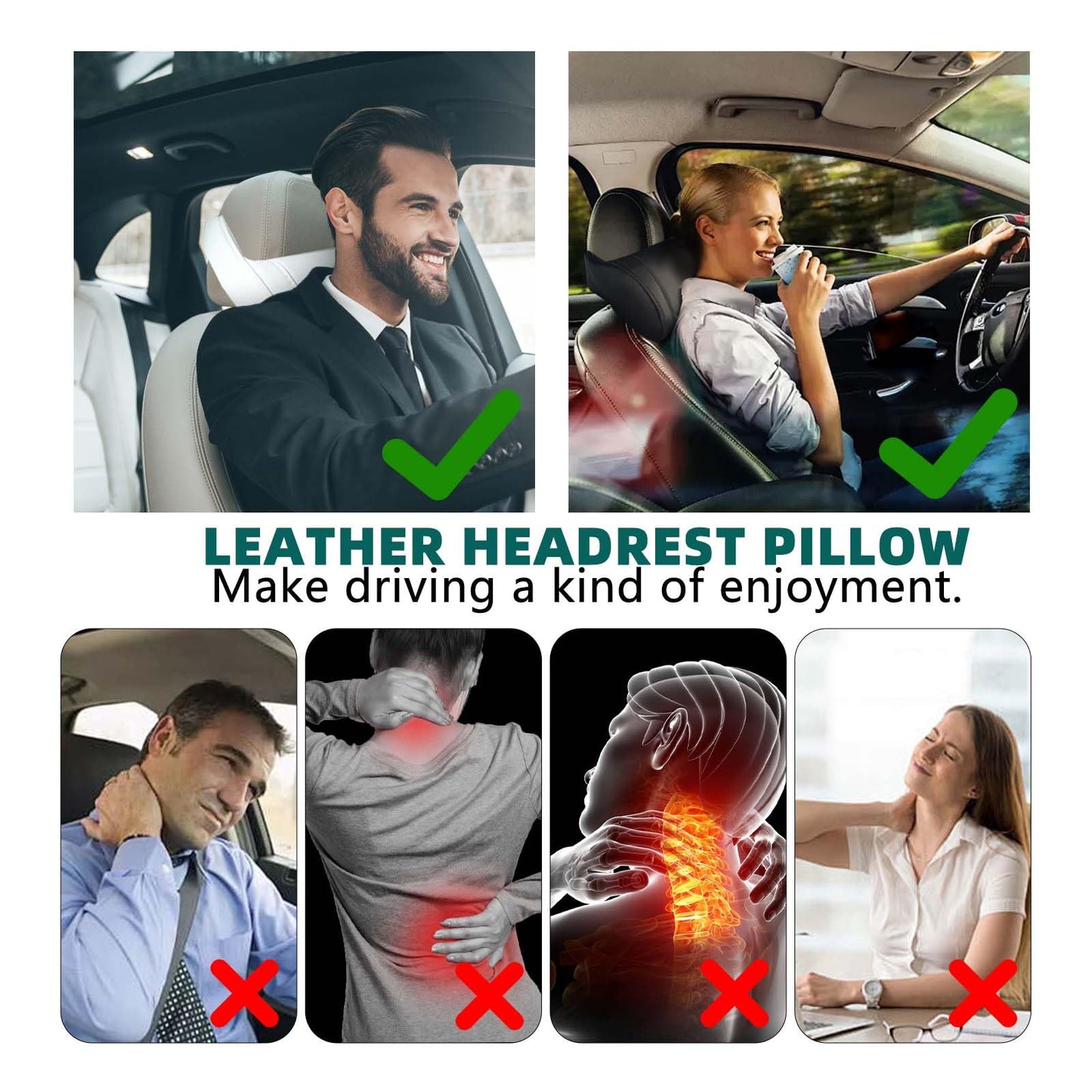 Universal Leather Neck Pillows (Set of 2) – Memory Foam Headrest for Car Seats