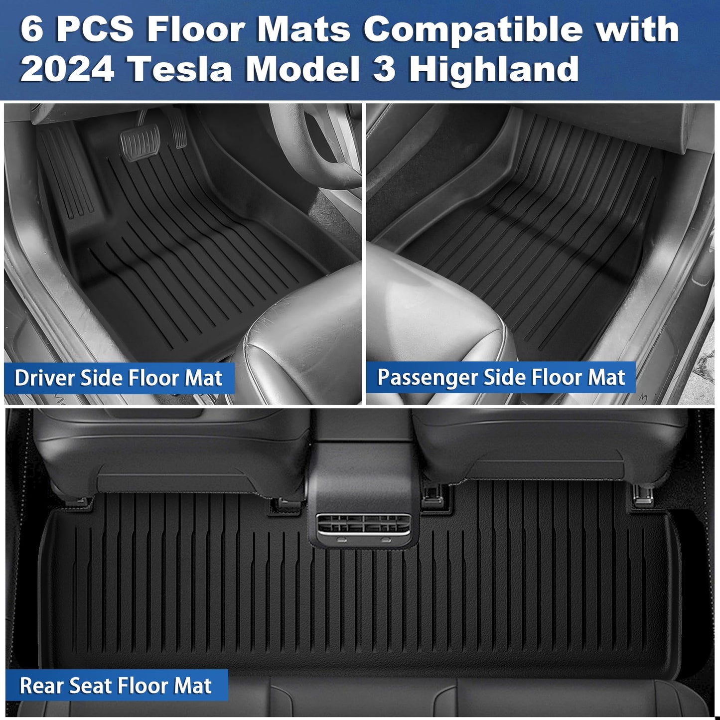 Premium All-Weather Floor Mats for Tesla Model 3 (2021-2023) – TPE 3PCs or 6PCs Set