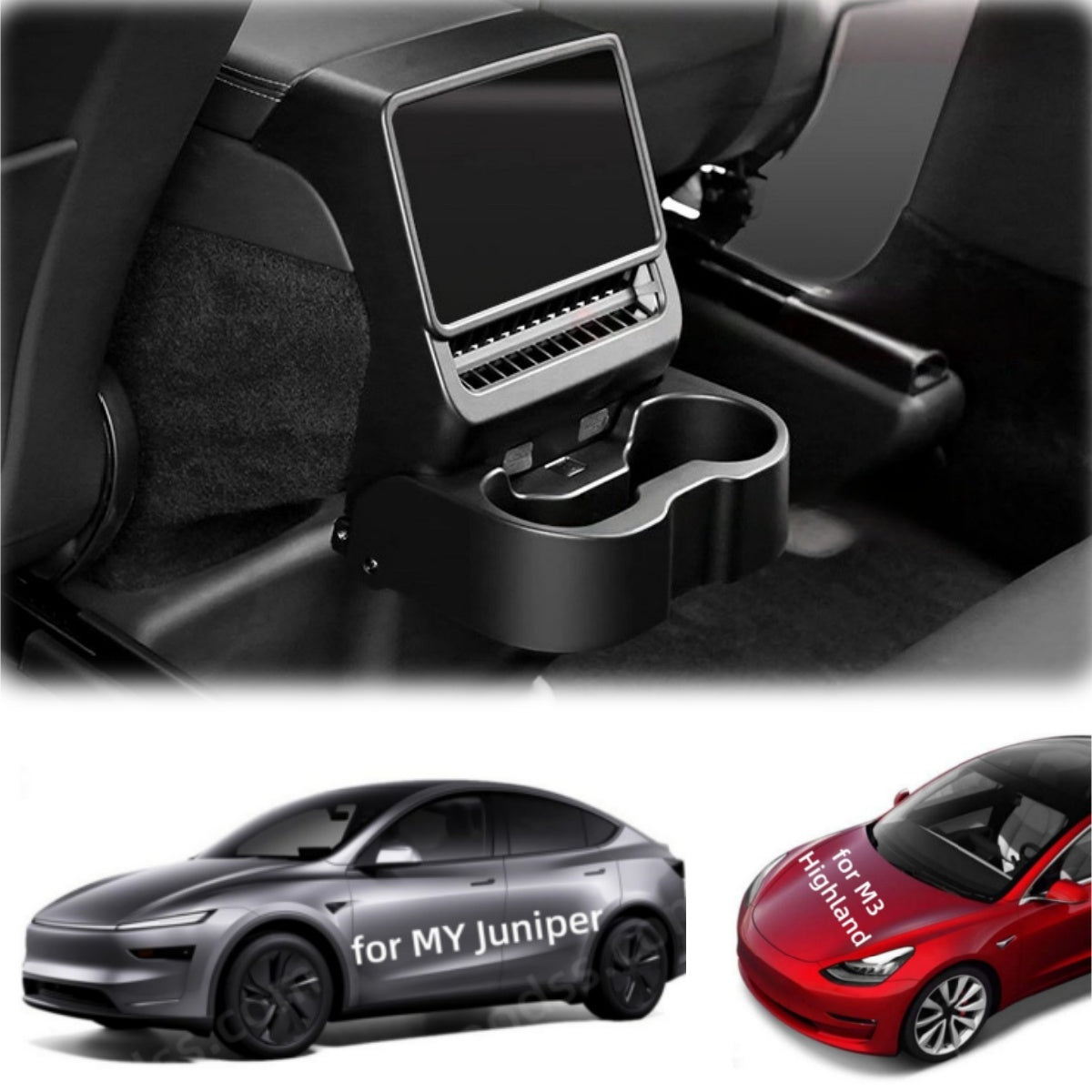 Foldable Rear Cup Holder & Screen Organizer for Model Y Juniper 2025+ & Model 3 Highland 2024+