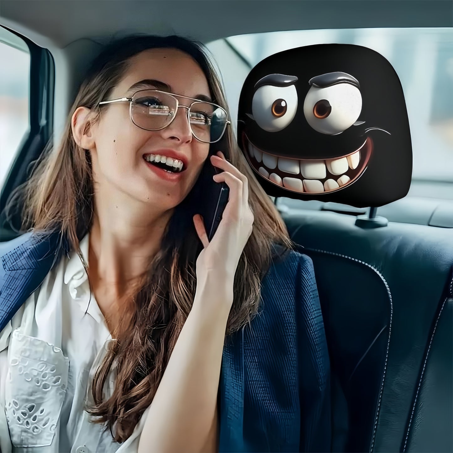 2PCS Funny Big-Eyed Cartoon Car Seat Headrest Covers – Universal Fit, Holiday Fun!