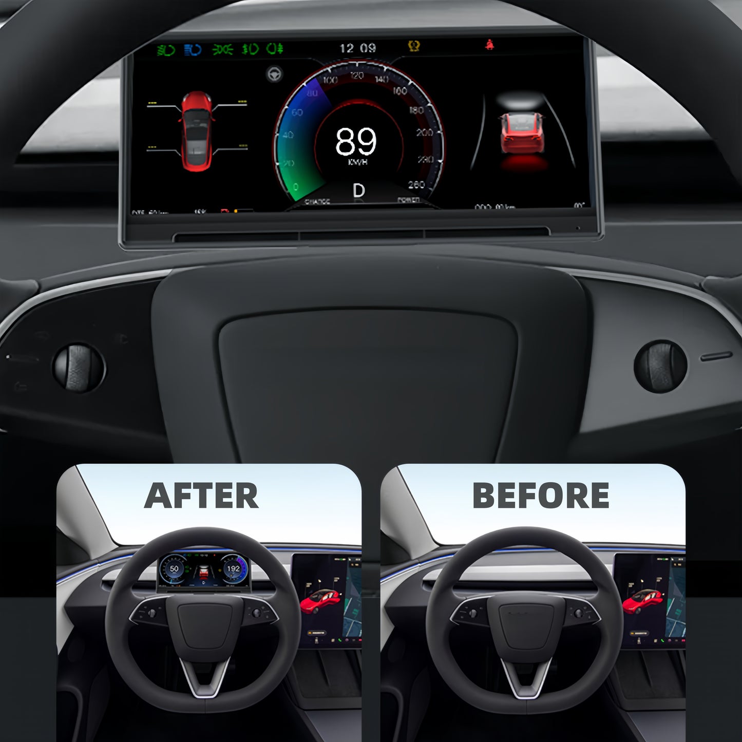 9" Curved Dashboard Monitor with CarPlay, Android Auto, Front Camera & OTA – Fits 2021-2023 Model 3 / 2021-2024 Model Y