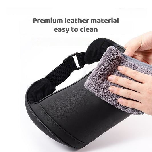 Leather car neck support pillow with high-density memory foam core offering superior long-drive comfort and alignment
