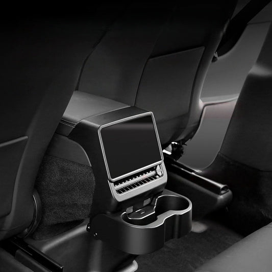 Custom-fit rear center console organizer for Model 3 Highland and Model Y Juniper with 3-in-1 cup holder, screen, and vent cover