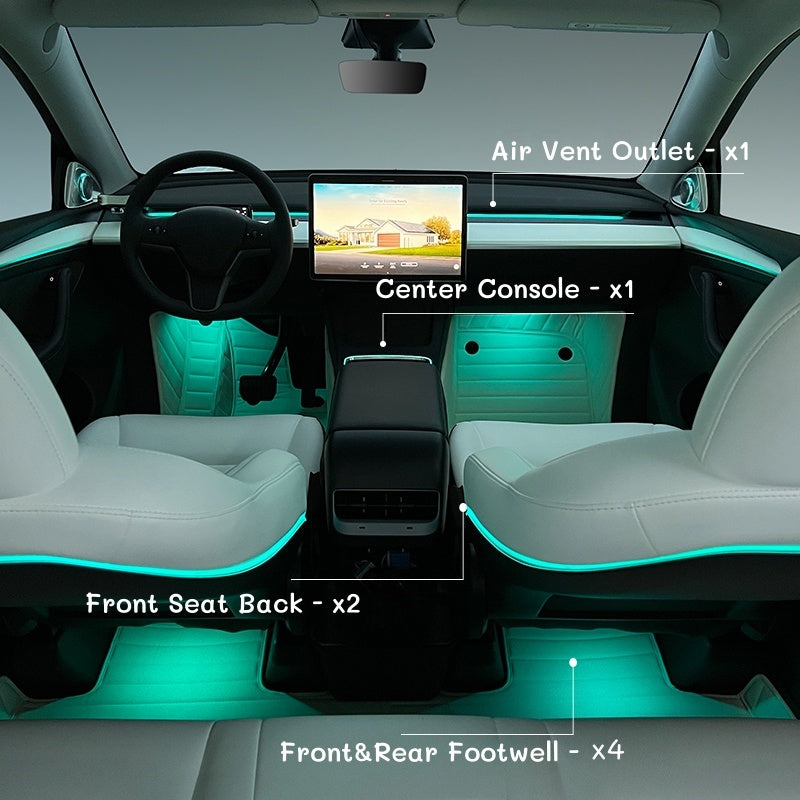 Complete ambient lighting kit for Tesla Model 3 2021-2023 including vent trim LED, console light, footwell lamps, and seatback LEDs