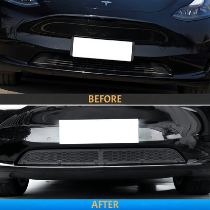 Before and after comparison of 2025 Tesla Model Y Juniper grille installation showing enhanced front-end protection and look