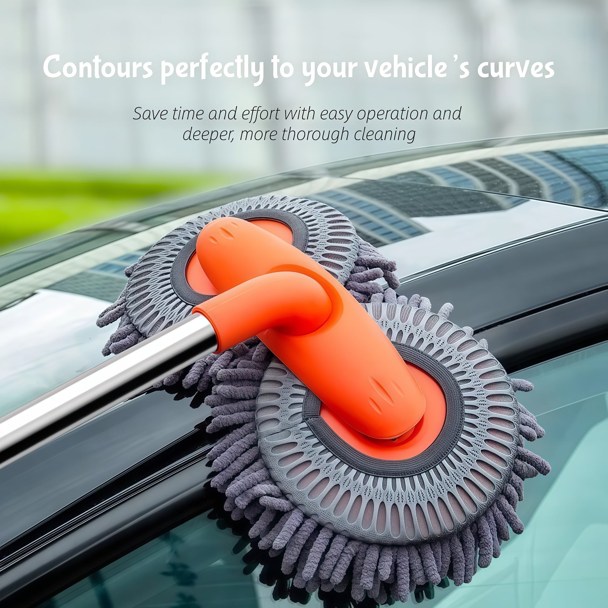 360-degree rotating car wash mop head allows flexible cleaning of roofs, wheels, and hard-to-reach vehicle areas