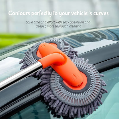 360-degree rotating car wash mop head allows flexible cleaning of roofs, wheels, and hard-to-reach vehicle areas