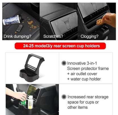 Foldable Rear Cup Holder & Screen Organizer for Model Y Juniper 2025+ & Model 3 Highland 2024+