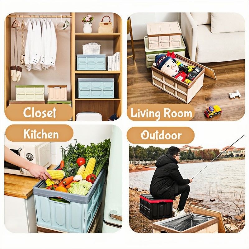 Portable foldable car storage box designed for road trips, keeping travel items secure and organized inside the trunk