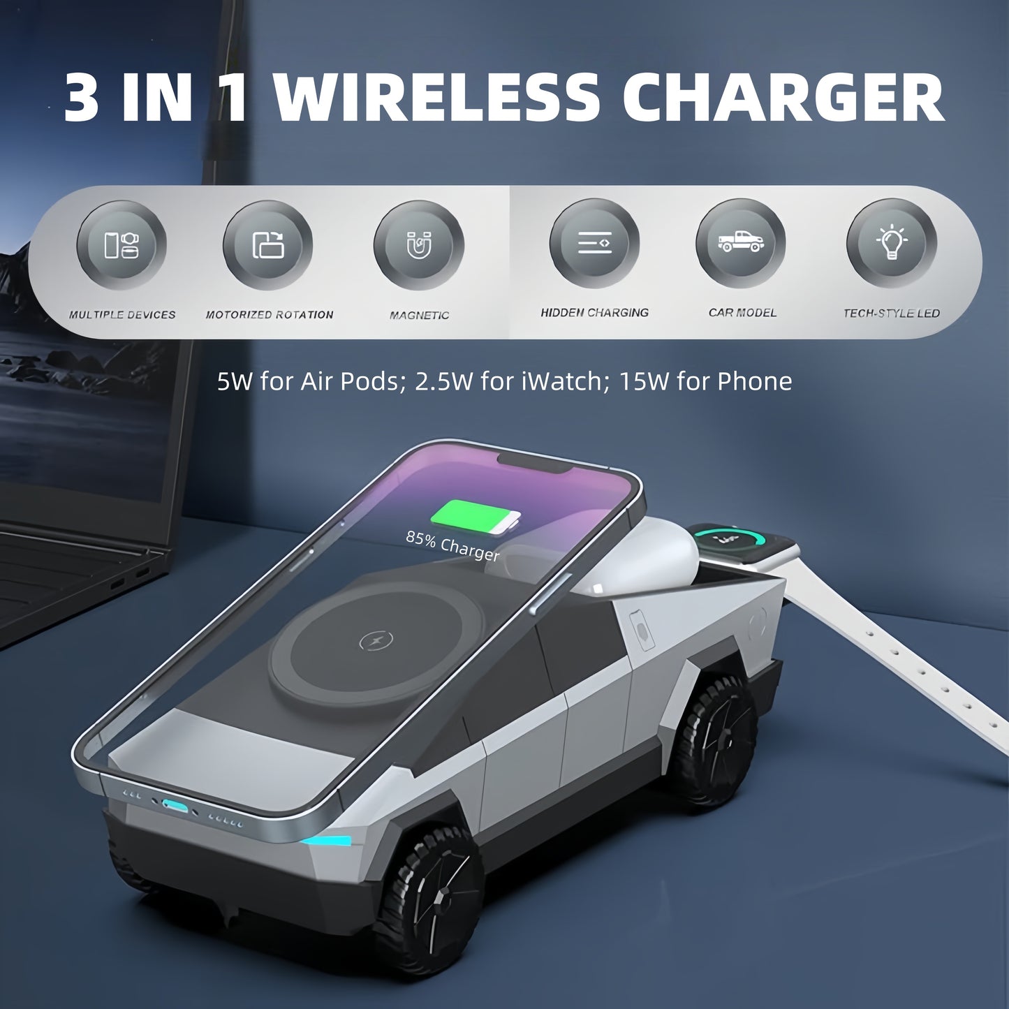 Adjustable magnetic phone stand allows portrait or landscape viewing while wirelessly charging multiple devices simultaneously