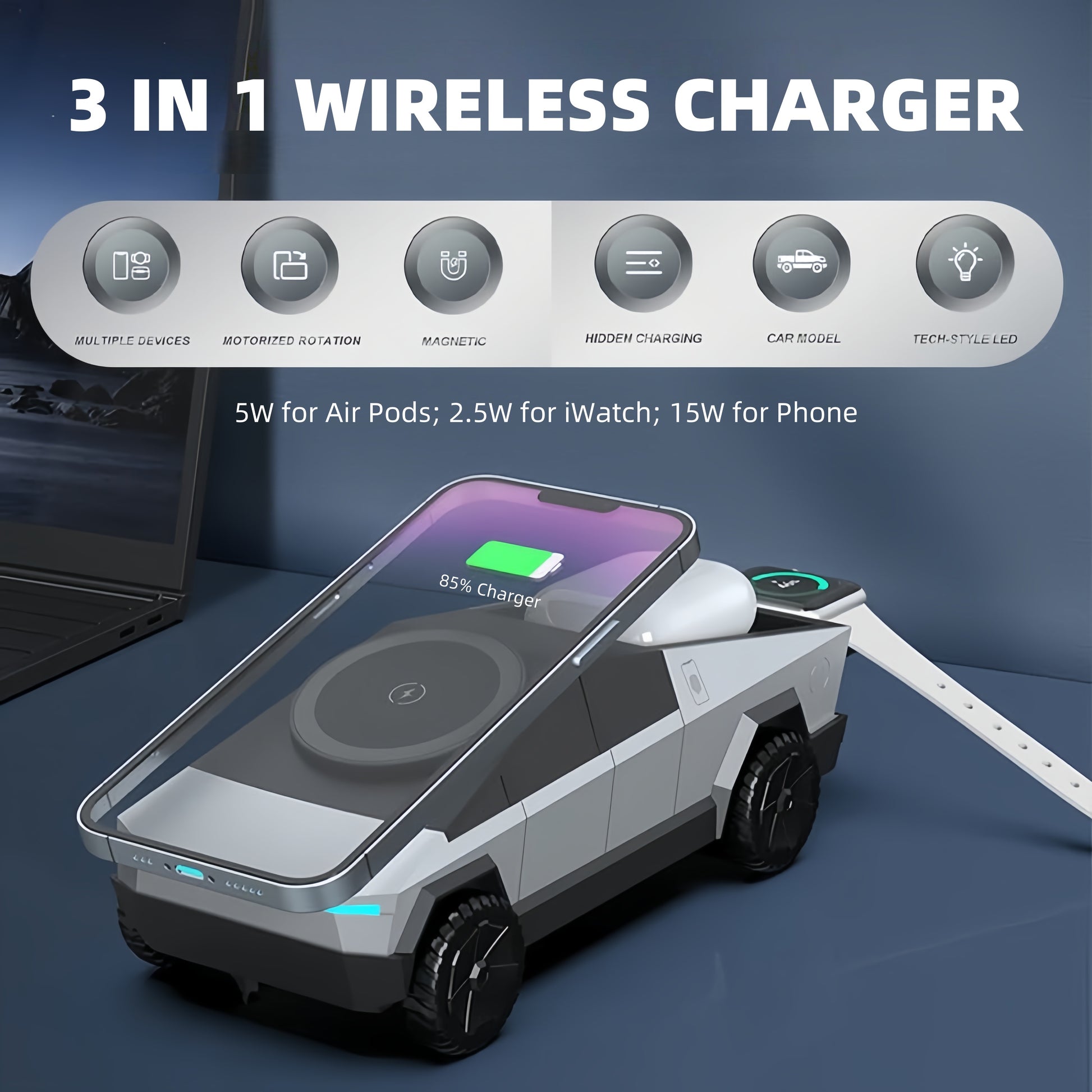 Adjustable magnetic phone stand allows portrait or landscape viewing while wirelessly charging multiple devices simultaneously