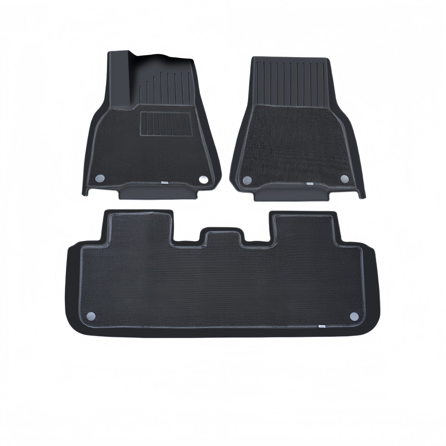 All-weather TPE floor mats designed for 2021–2026 Tesla Model Y, providing full coverage interior protection