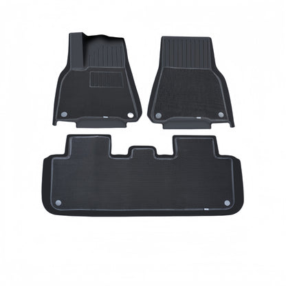 All-weather TPE floor mats designed for 2021–2026 Tesla Model Y, providing full coverage interior protection