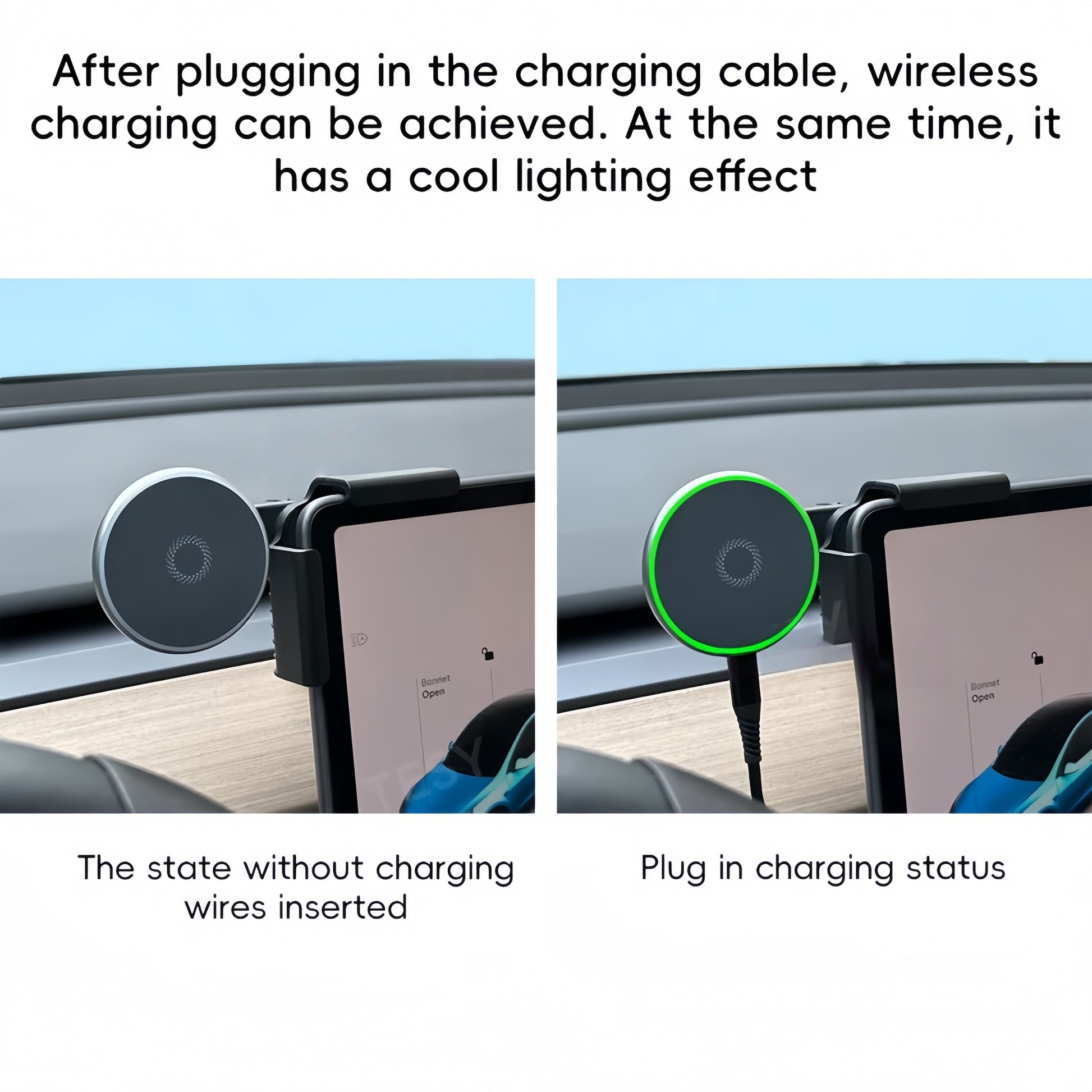 Car phone mount for Tesla with fast wireless charging and dashboard-friendly placement for convenience