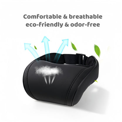 Adjustable strap car seat headrest pillow designed to fit most vehicle seats and reduce neck strain on road trips