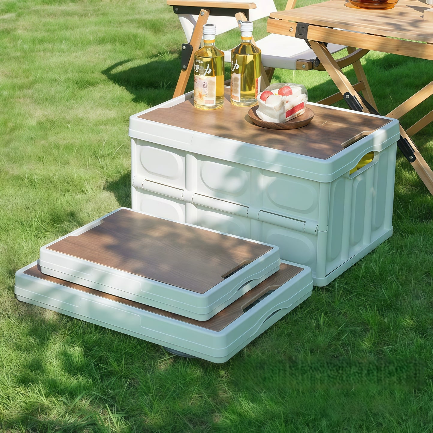 Collapsible storage box with removable wooden lid providing a sturdy surface for camping or road trips