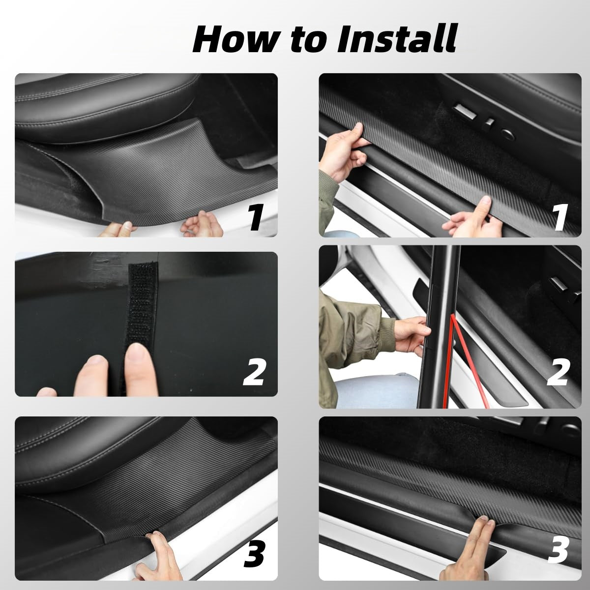 Durable ABS carbon fiber door sill plate protectors for 2024–2025 Model 3 Highland, enhancing interior appearance and protection