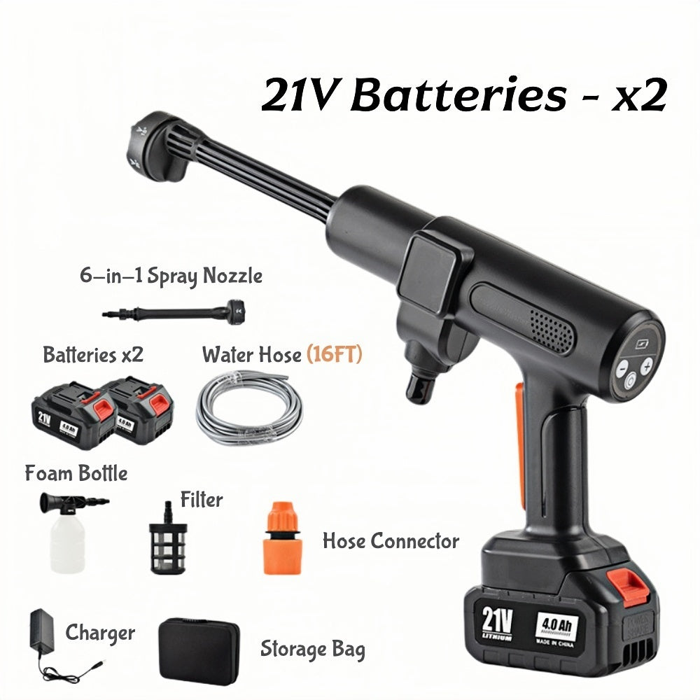 Cordless power washer designed for multi-purpose cleaning including cars, gardens, outdoor furniture, and household surfaces with ease