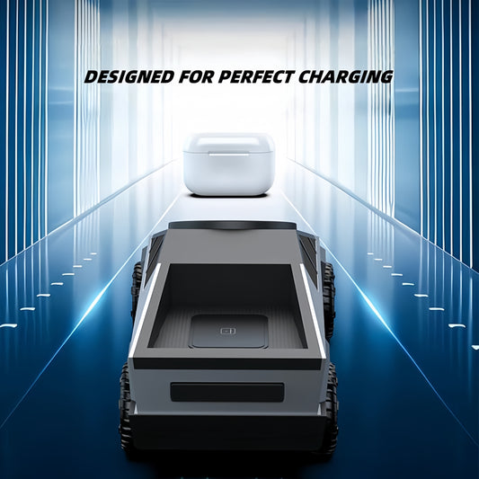 Cybertruck-inspired magnetic wireless charger with sleek angular design and soft ambient lighting for modern desk setups