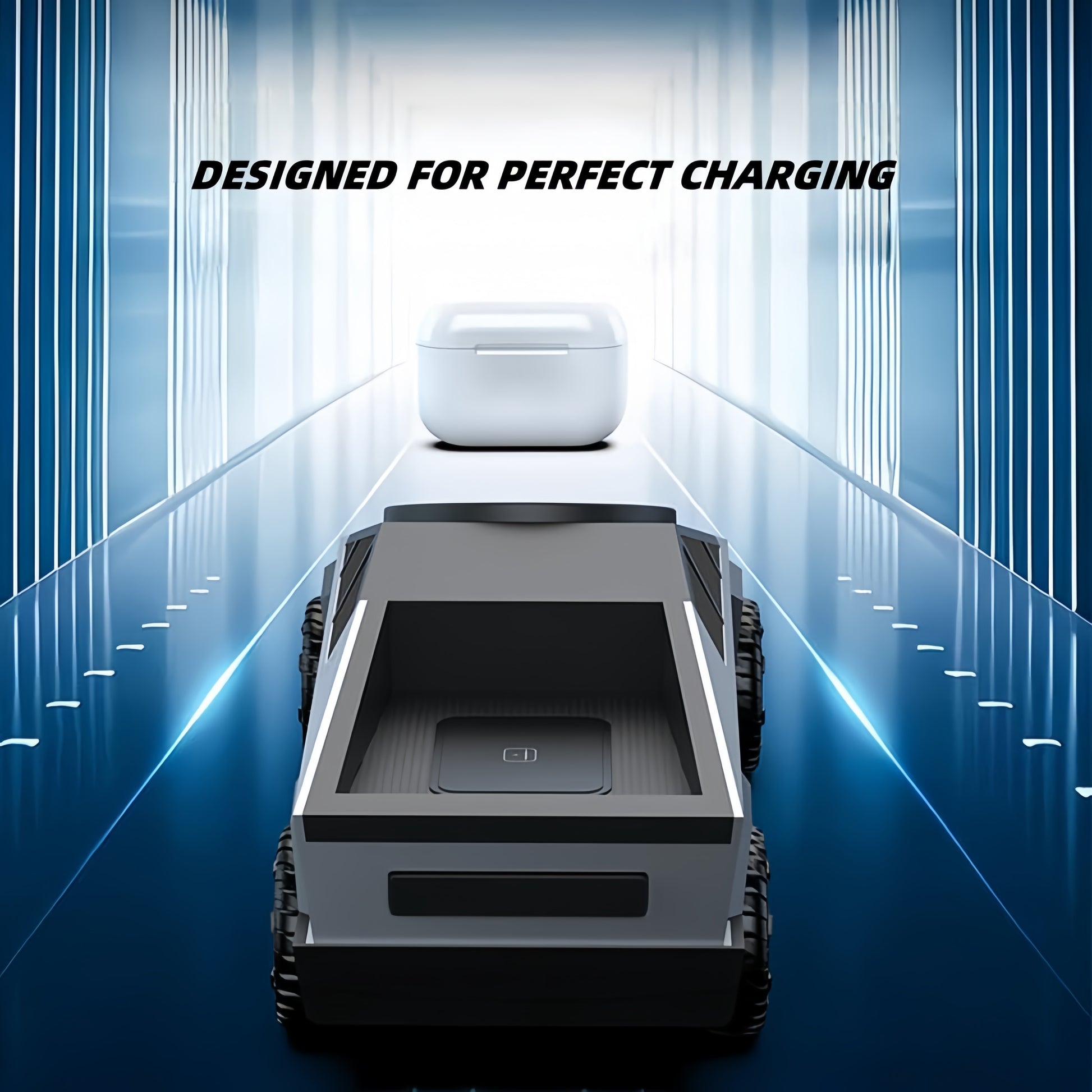 Cybertruck-inspired magnetic wireless charger with sleek angular design and soft ambient lighting for modern desk setups