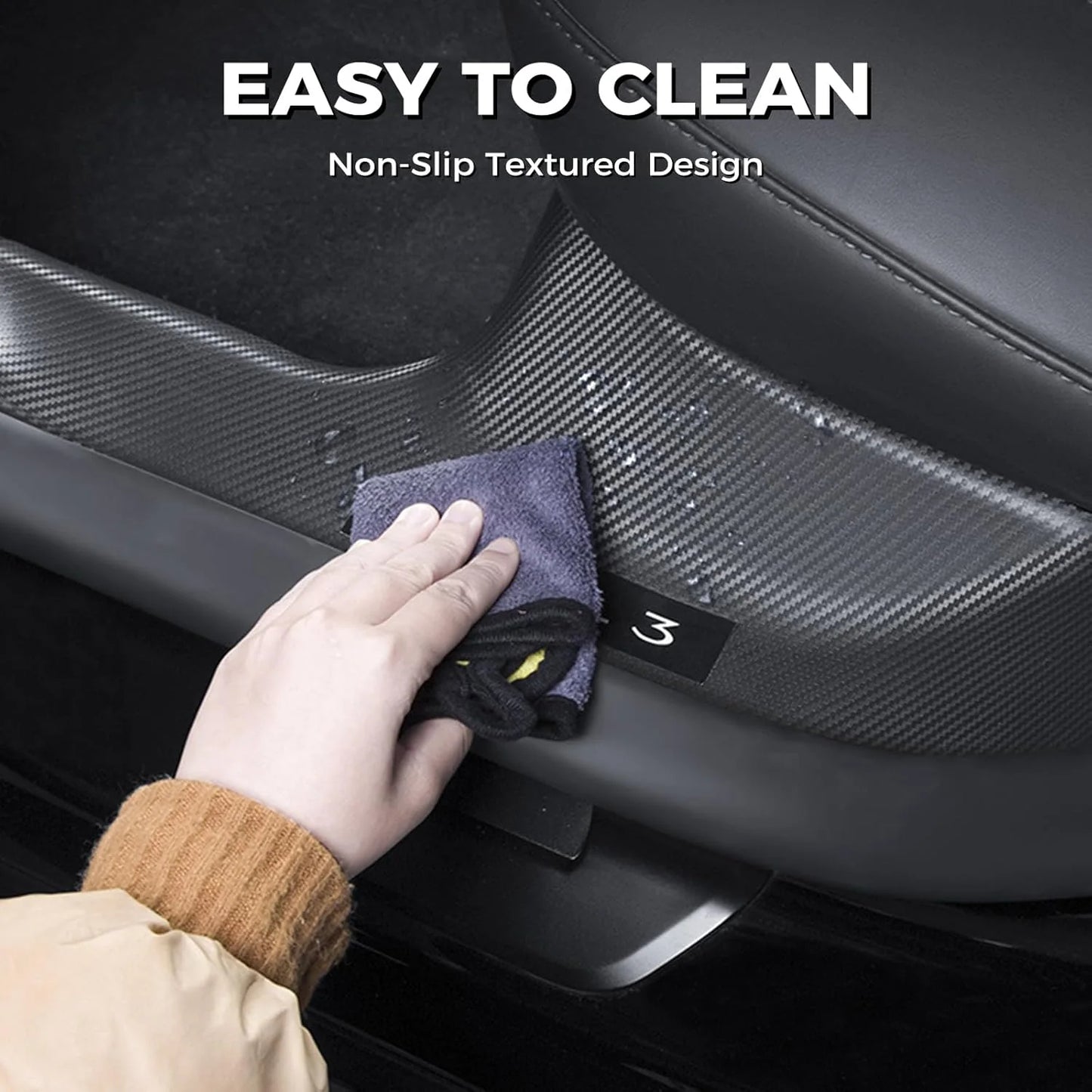 Durable ABS carbon fiber door sill protector designed to be long-lasting, lightweight, and environmentally friendly for Model Y