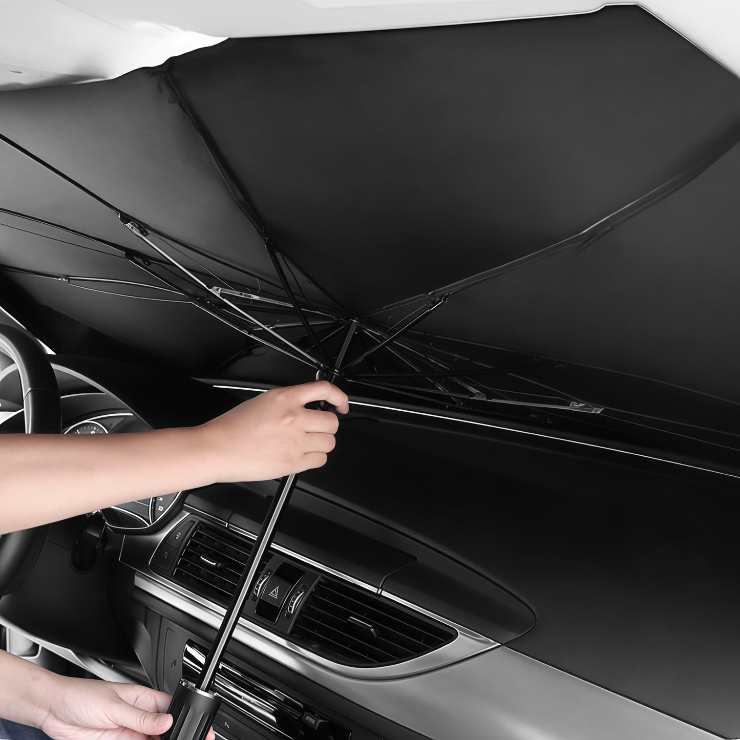 Easy install foldable car windshield sunshade includes storage bag for convenient use and compact storage