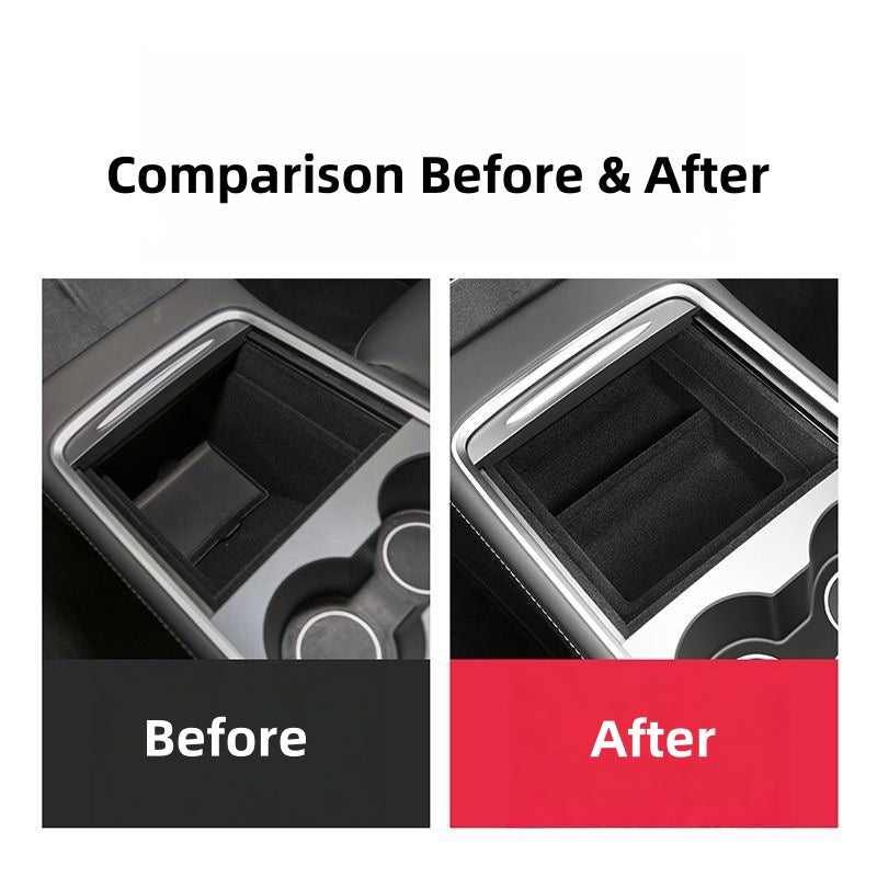 Simple slide-in installation console storage tray requiring no tools or modifications for instant interior organization