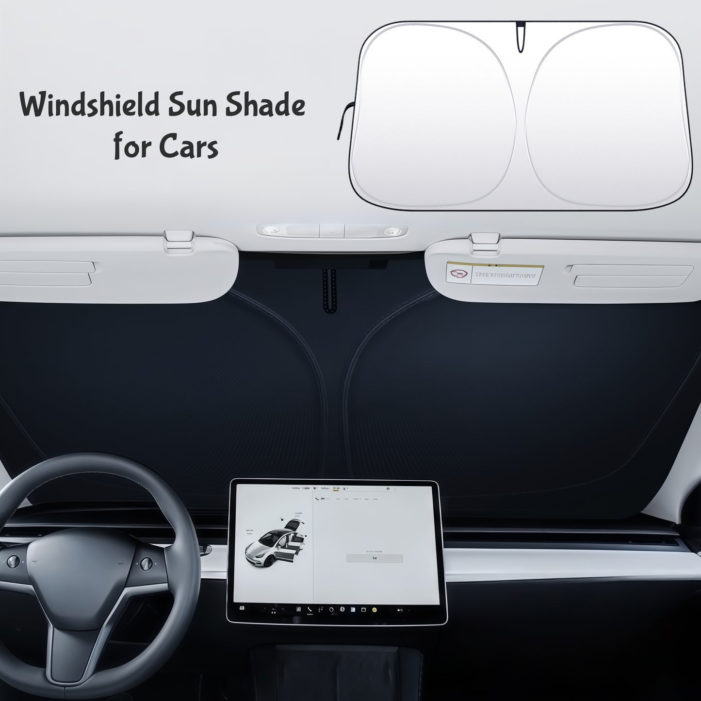 Foldable car sunshade for front windshield helps block heat buildup and keeps vehicle interior cooler in summer