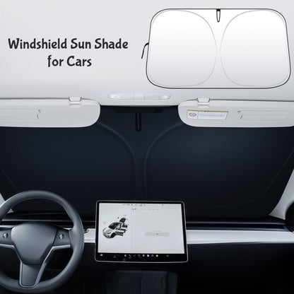 Foldable car sunshade for front windshield helps block heat buildup and keeps vehicle interior cooler in summer