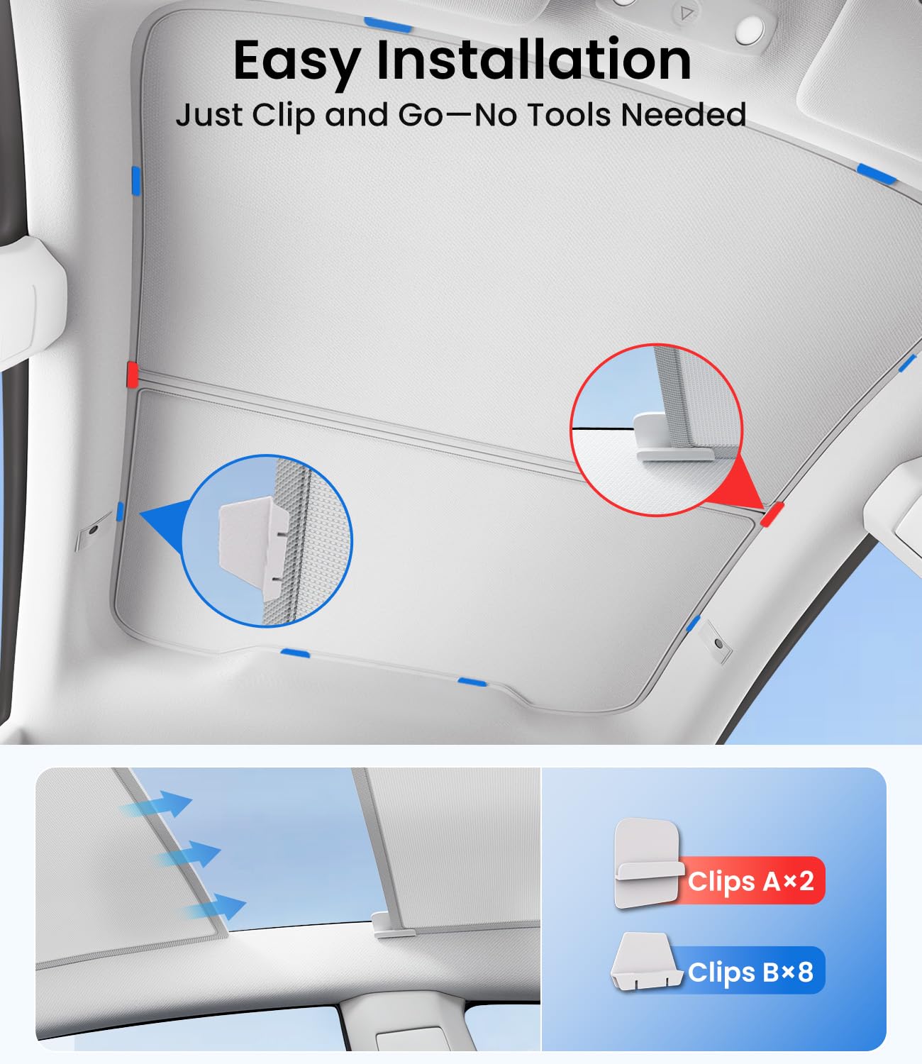 Foldable glass roof sunshade for Model 3 Highland, providing heat insulation and easy installation with a sturdy collapsible frame