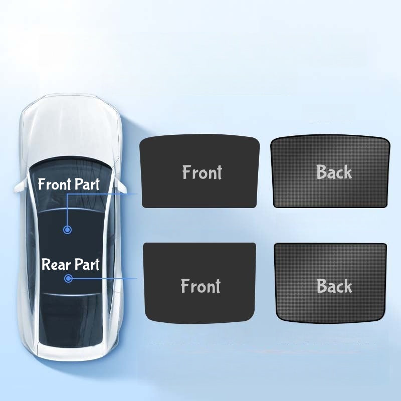 Foldable roof sunshade for Tesla Model Y featuring memory steel frame for quick storage and easy handling