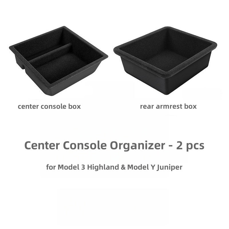 Complete console organizer set including front and rear trays for Tesla drivers seeking maximum storage efficiency and convenience