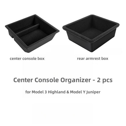 Complete console organizer set including front and rear trays for Tesla drivers seeking maximum storage efficiency and convenience