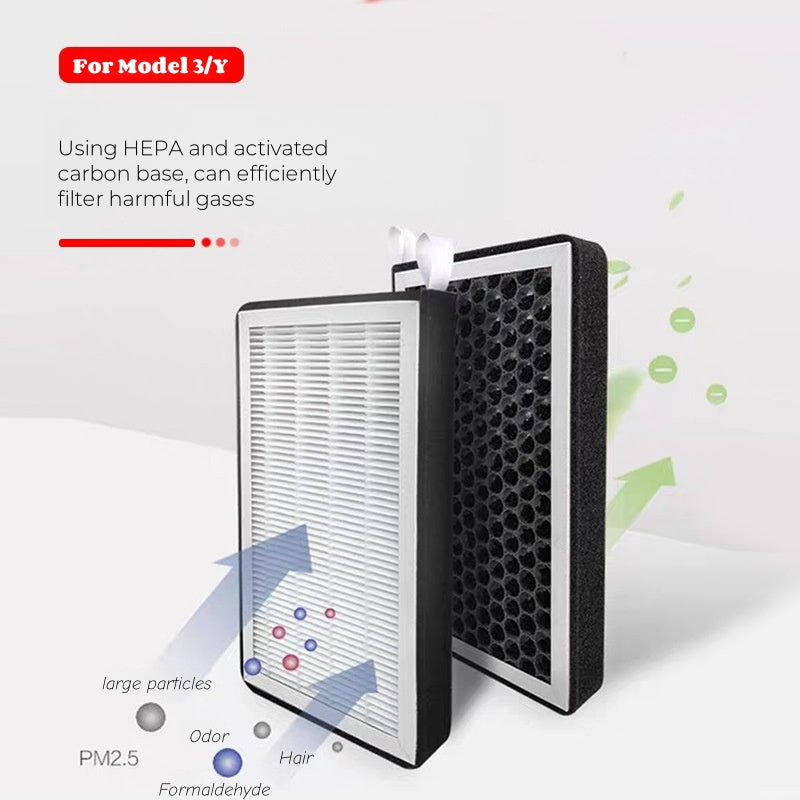 HEPA-quality activated carbon filter showcasing honeycomb media that captures dust, pollen, and odors for Tesla Model 3, Model Y, and Highland versions