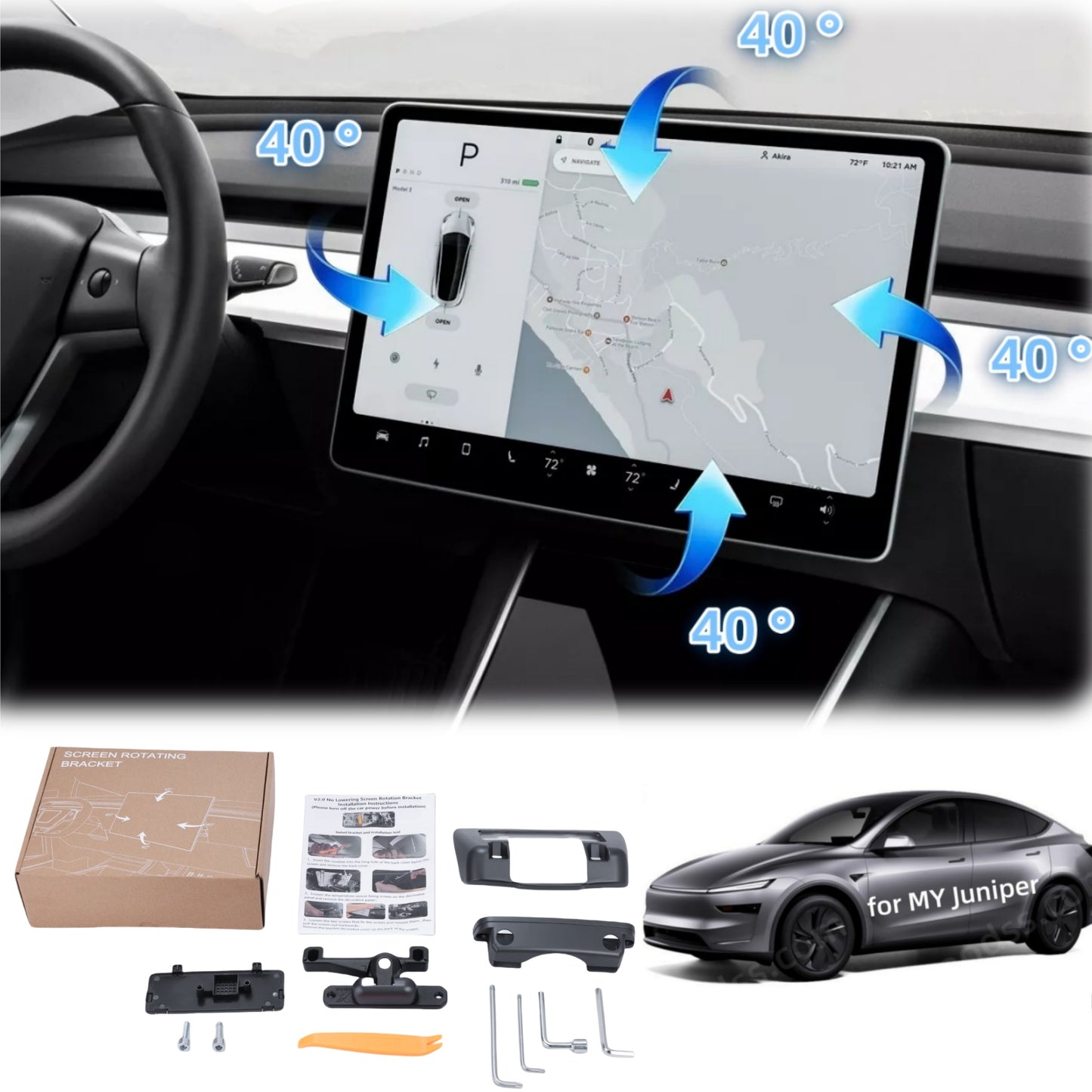 Luxury interior upgrade rotating display holder for Tesla Model Y, enhancing comfort and driving visibility with 40° motion control
