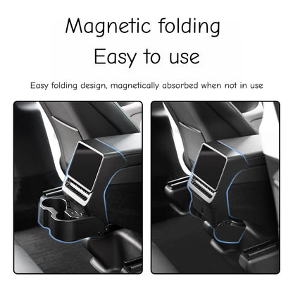 Magnetic fold-away cup holder for Tesla rear seats, folds flush with console when not in use without rattling or shaking
