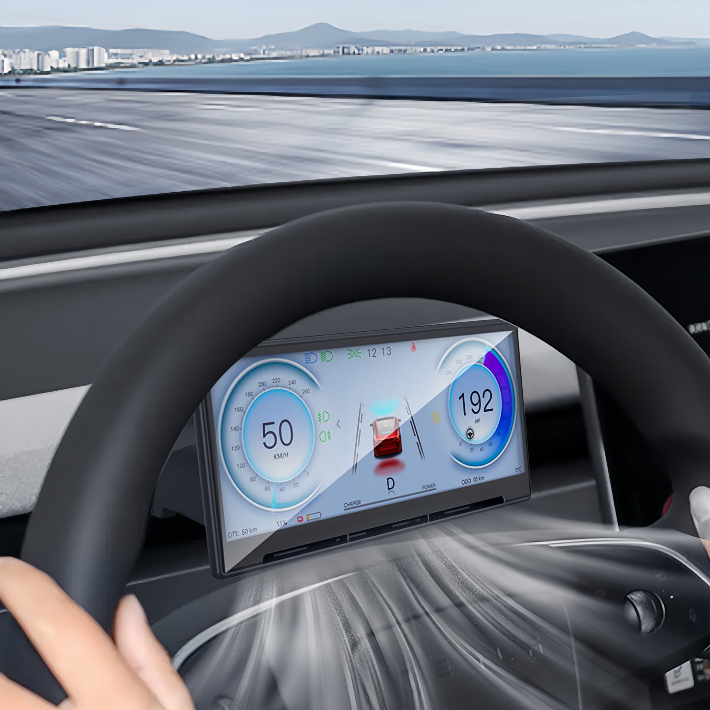 Smart dashboard display with front camera integration offering safer parking and improved visibility in Model 3 Highland