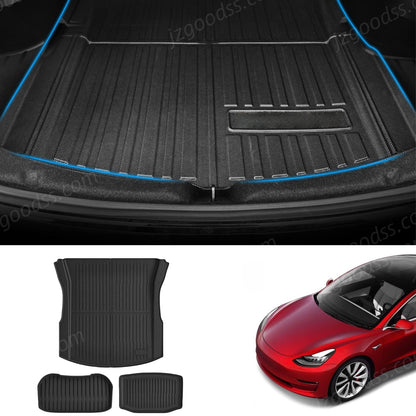 3D laser-scanned TPE cargo liner set for Tesla Model 3 Highland 2024+, delivering perfect contour fit for trunk and sub-trunk areas
