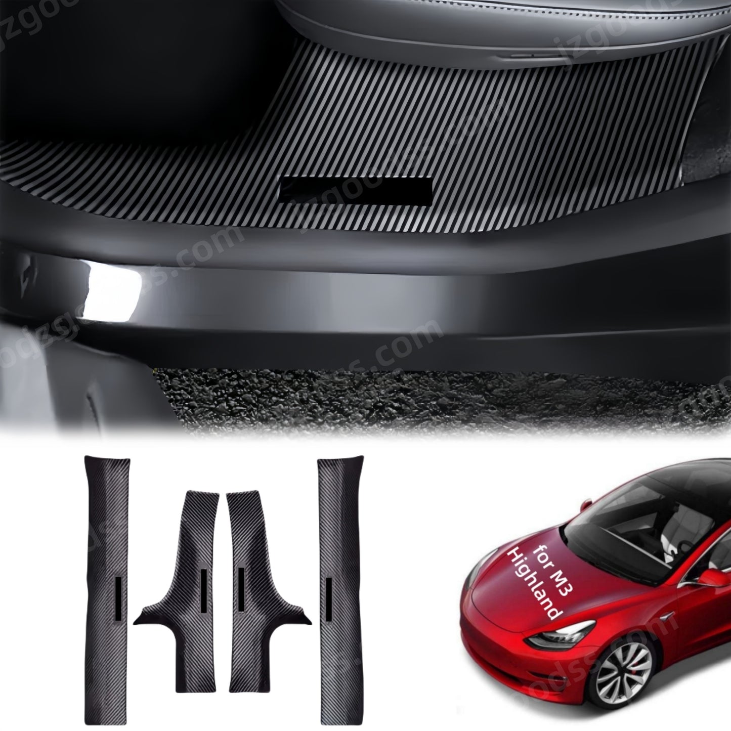 ABS carbon fiber protective door sill covers custom-made for the Model 3 Highland, offering scratch prevention and easy cleaning