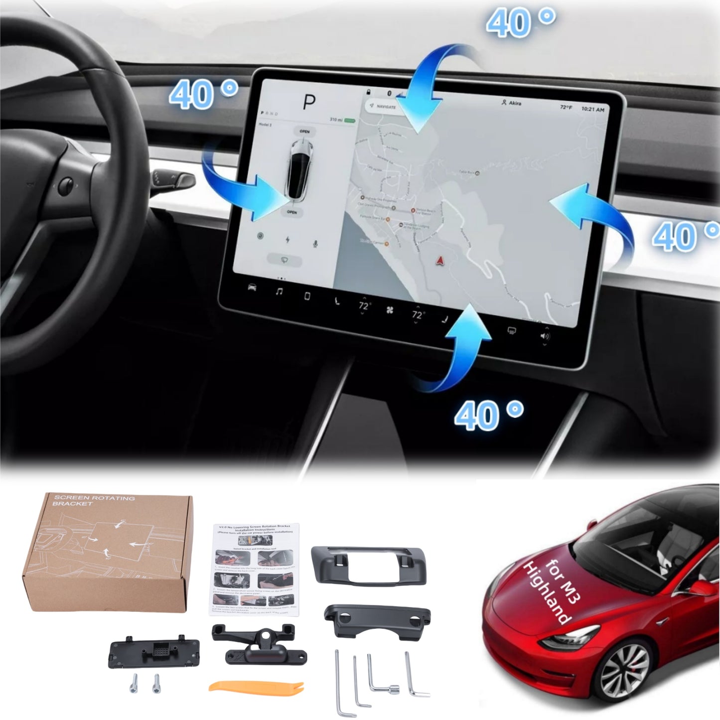 4-way rotating screen mount for Tesla Model 3 Highland, allowing left, right, up, and down adjustment for improved visibility and safe driving