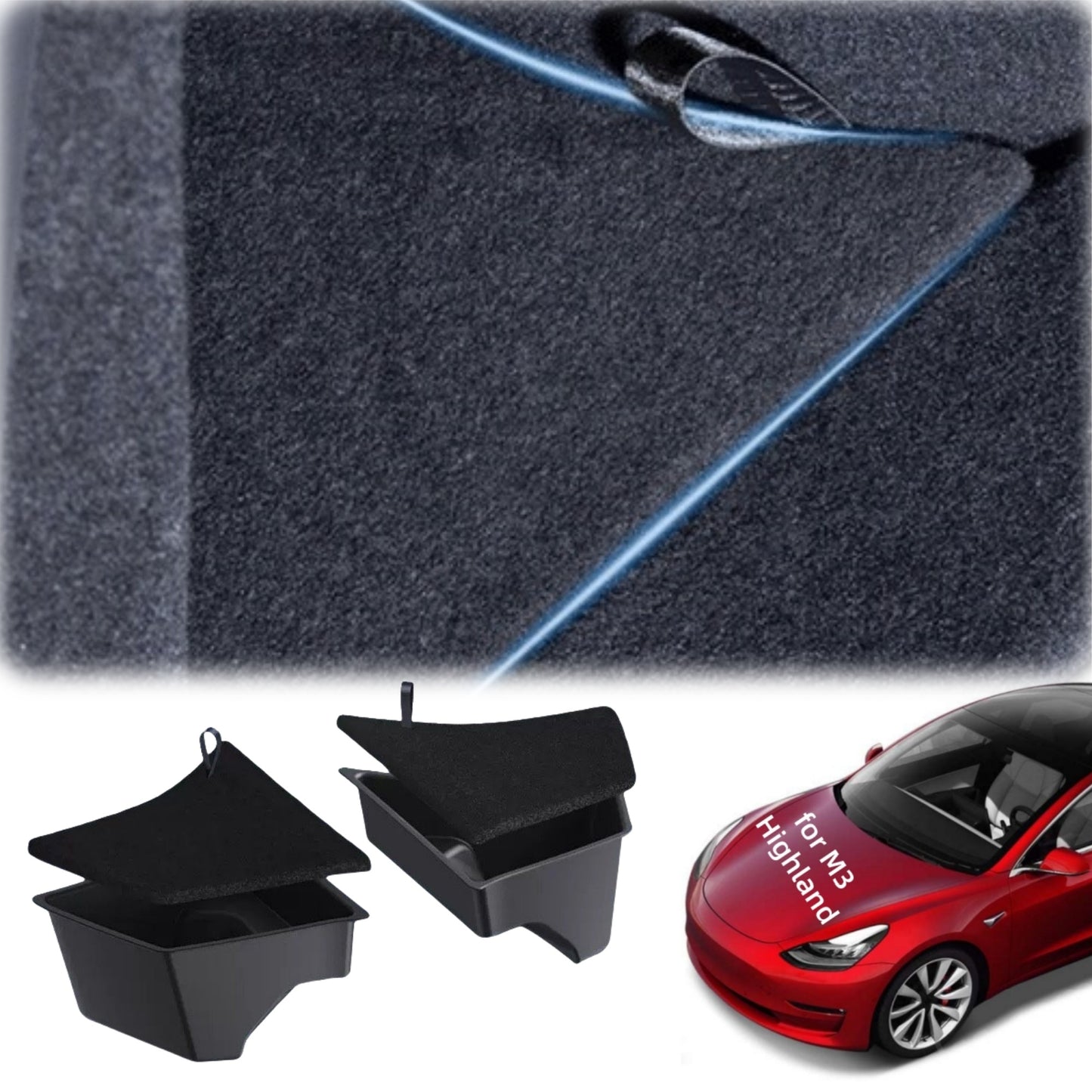 Trunk storage upgrade set with lid covers for Tesla Model 3 Highland, offering clean organization and stylish trunk appearance