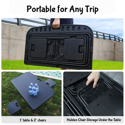 Custom fit foldable camping table for Tesla Model Y trunk, providing a stable surface for meals, laptops, and gear