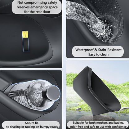 Fully enclosed interior door pocket organizer prevents dust and crumbs while adding hidden storage for Model Y Juniper