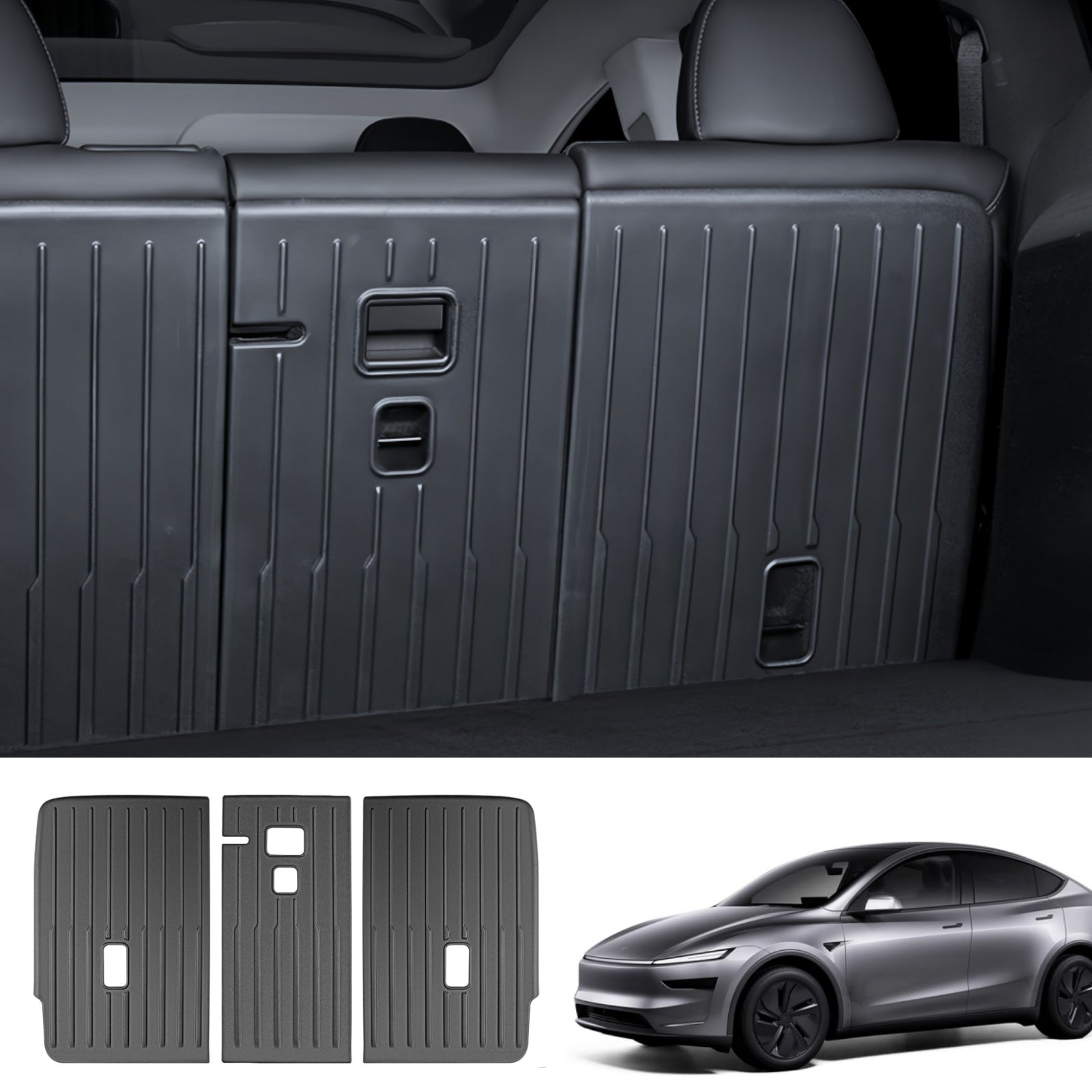 Custom-fit 5-seat backrest mat designed for the Model Y Juniper, featuring flexible TPE material for reliable interior protection