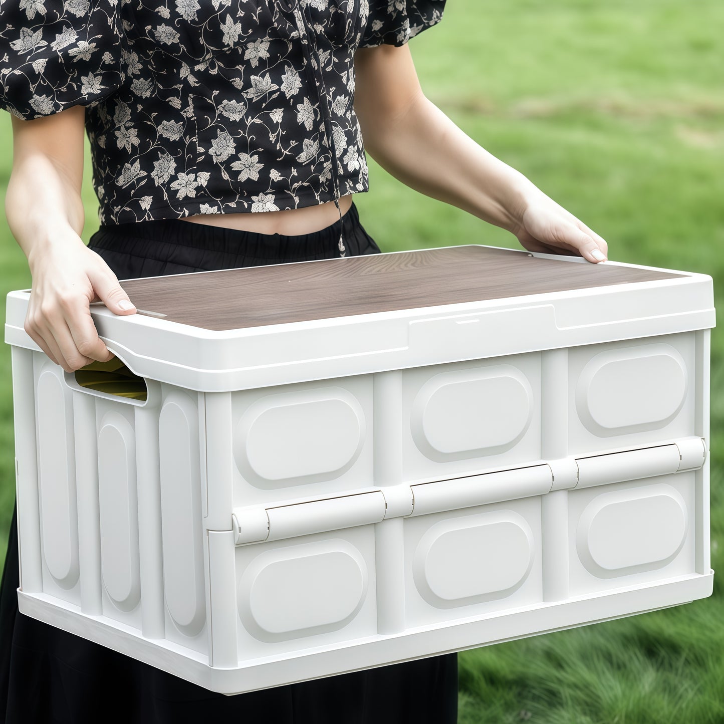 Multi-functional collapsible car storage box usable as cutting board, small table, or temporary seat outdoors