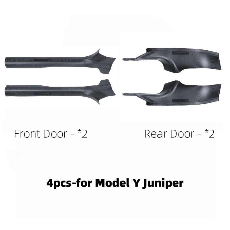 Protective carbon fiber door sill panel cover shields interior entry areas from shoes, dirt, and daily wear on Model Y