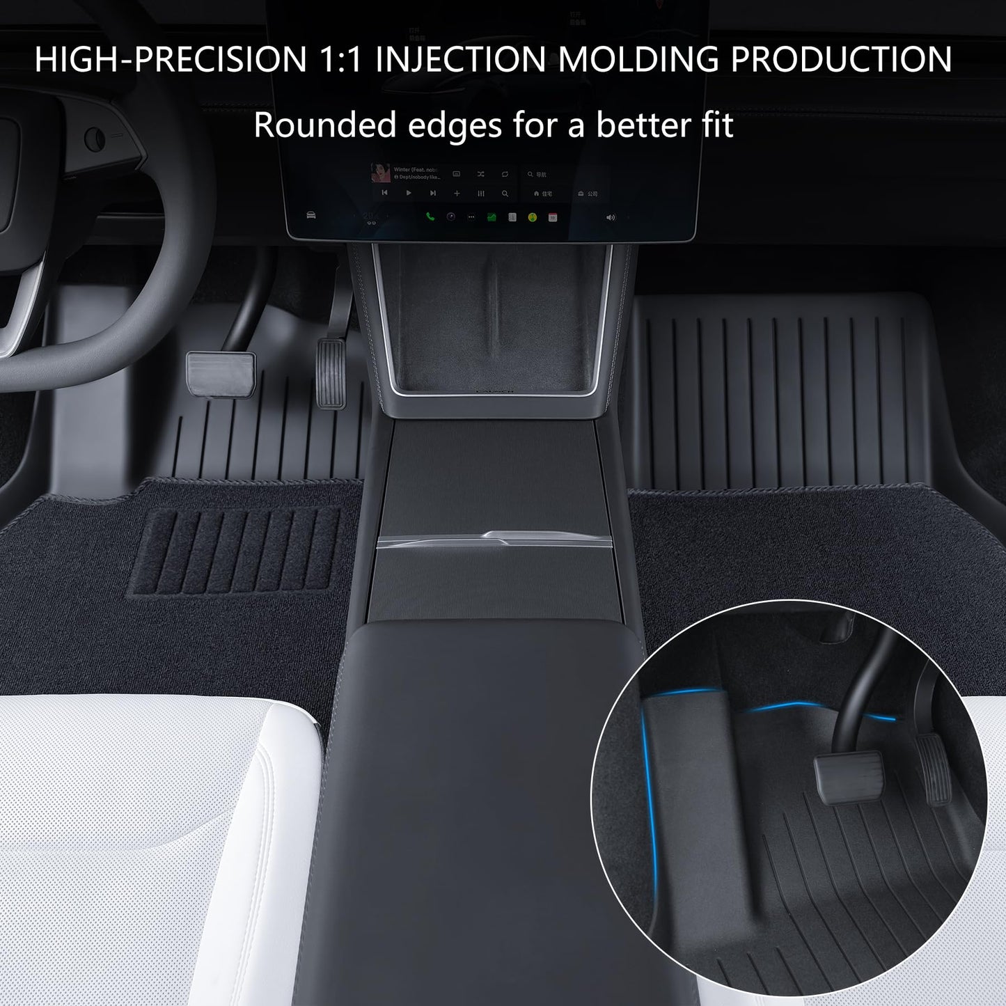Raised-edge TPE floor mats for Tesla Model Y interior offering enhanced spill and splash protection