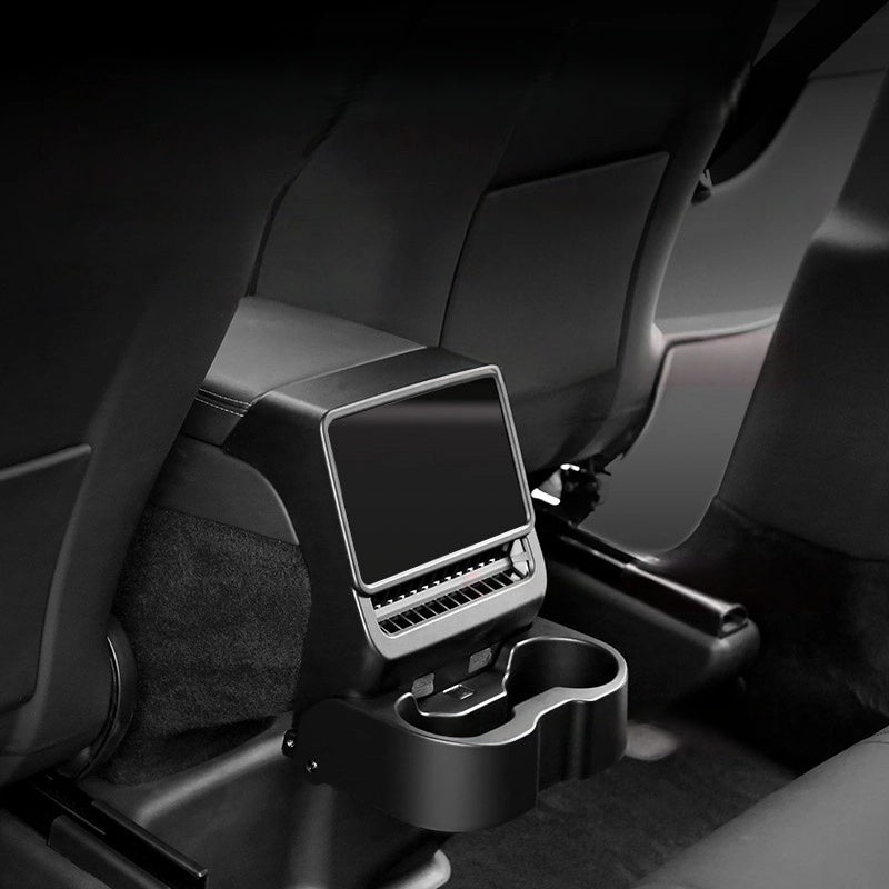 Custom-fit rear center console organizer for Model 3 Highland and Model Y Juniper with 3-in-1 cup holder, screen, and vent cover