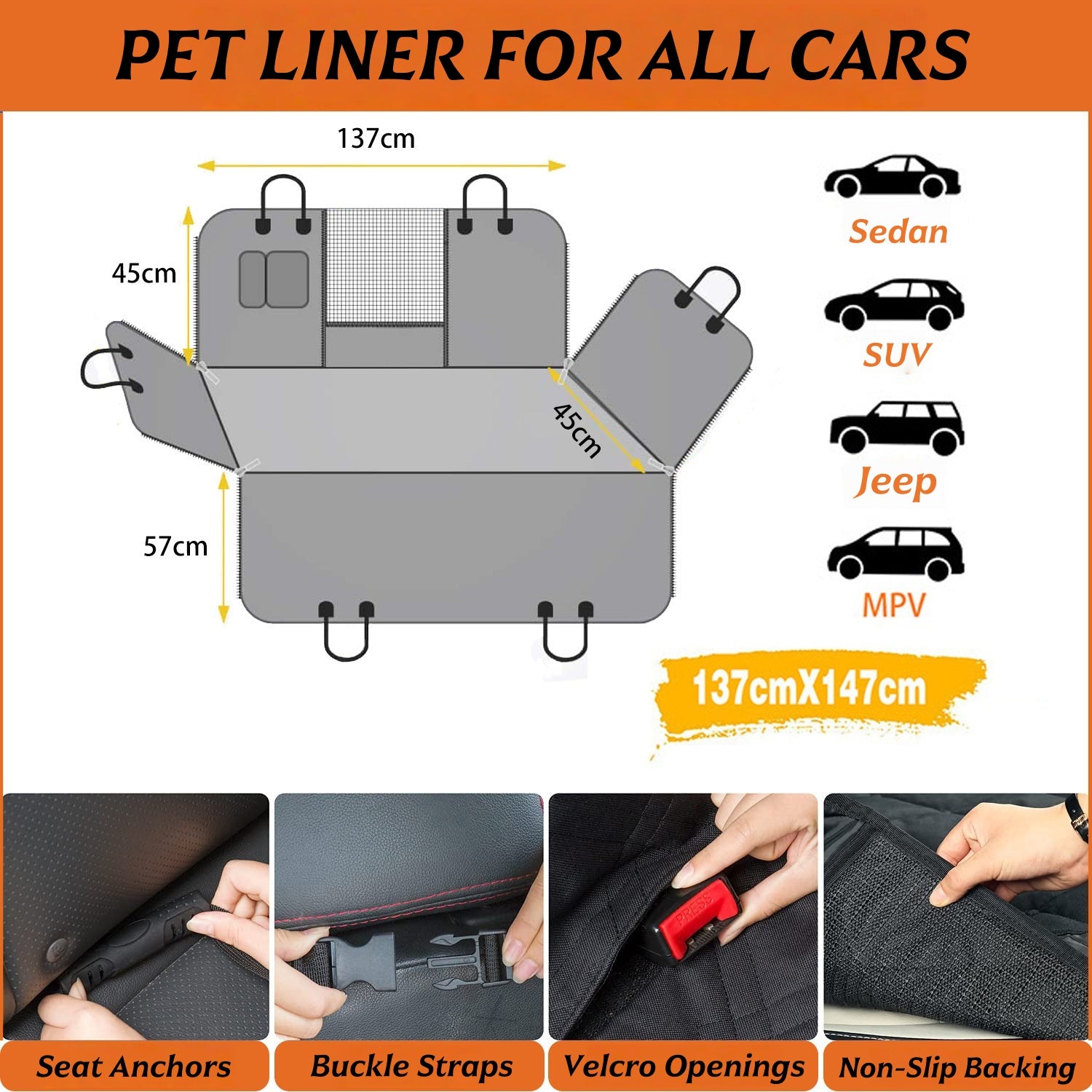 Rear seat pet cover with built-in seat anchors keeps the cover stable during rides for small dogs